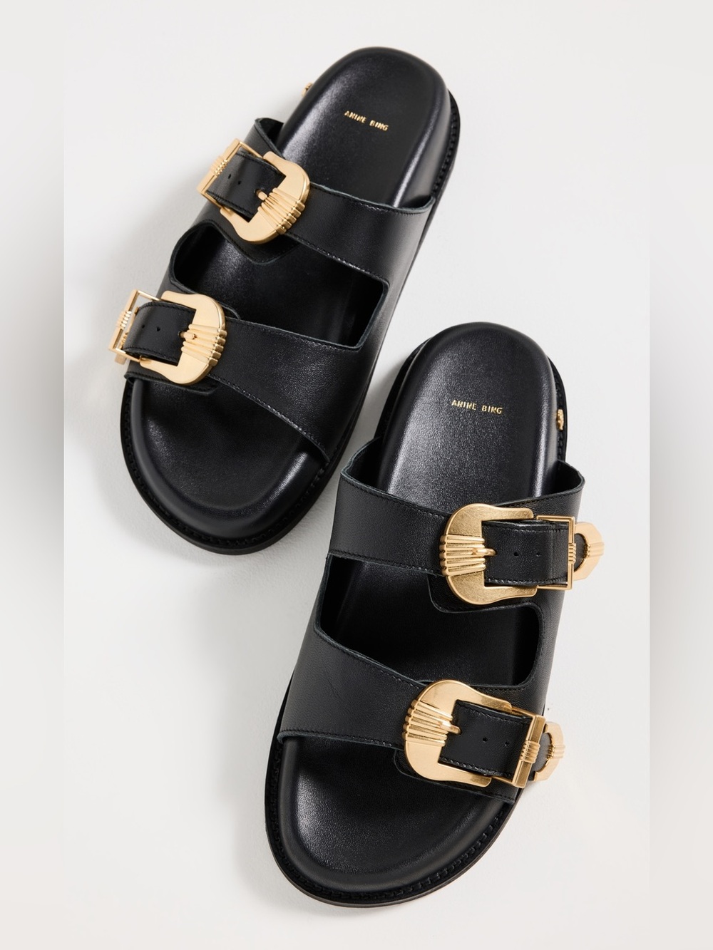 Anine Bing Black Leather Slide Sandals with Gold Buckles - Picture 1 of 16